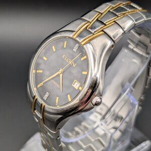 Elgin Diamond Watch Men FG156N 37mm Silver Gold Two Tone. Black Dial.